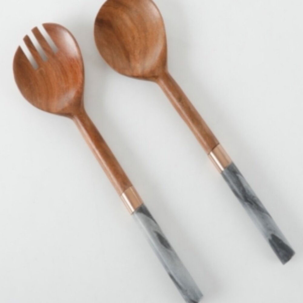 California Designs Marble and Acacia Wood 2 Piece Salad Server Set